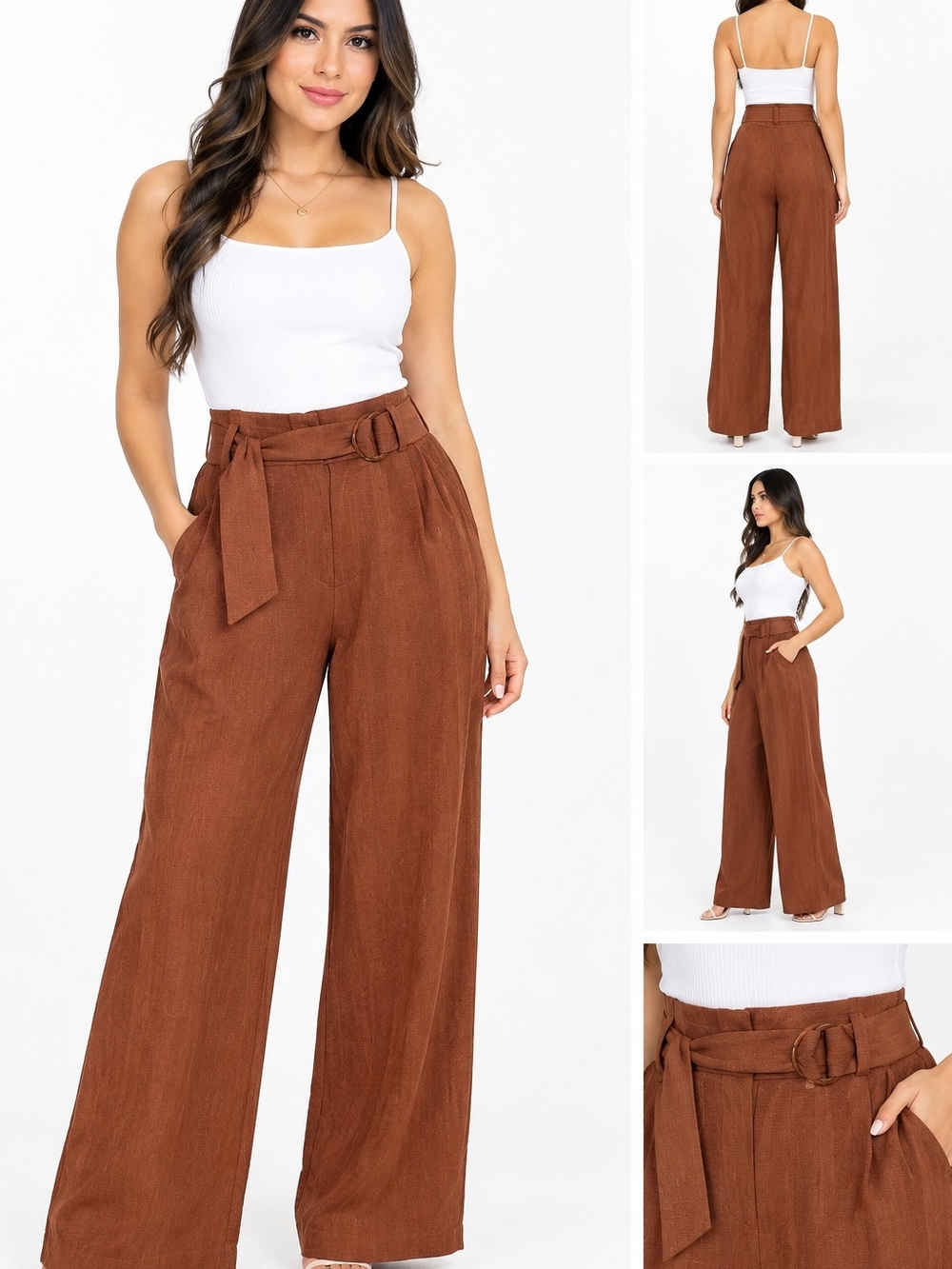 Veronica Beard Rust Wide-Leg Belted Pants
